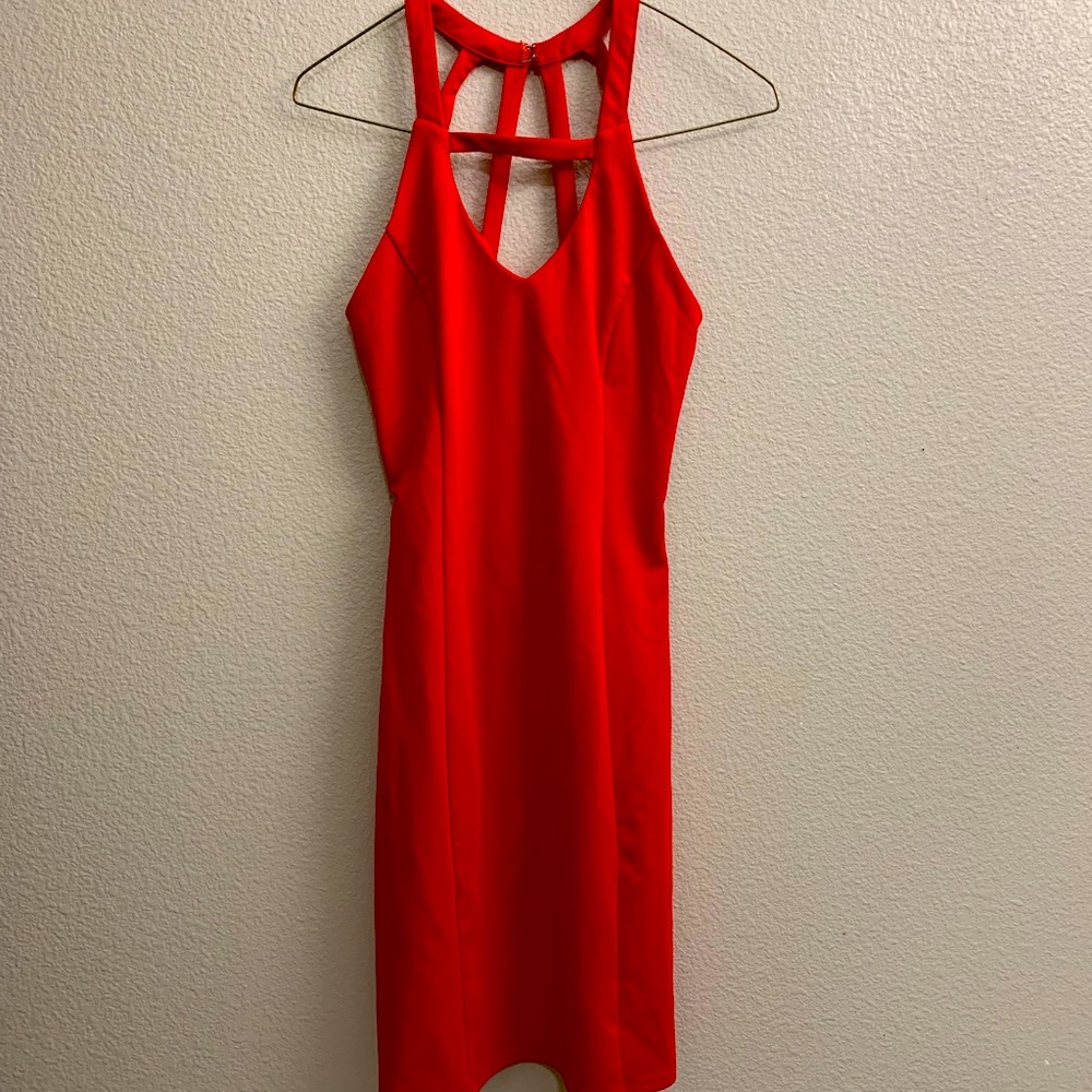 Red body con dress with geometric neckline. Size S